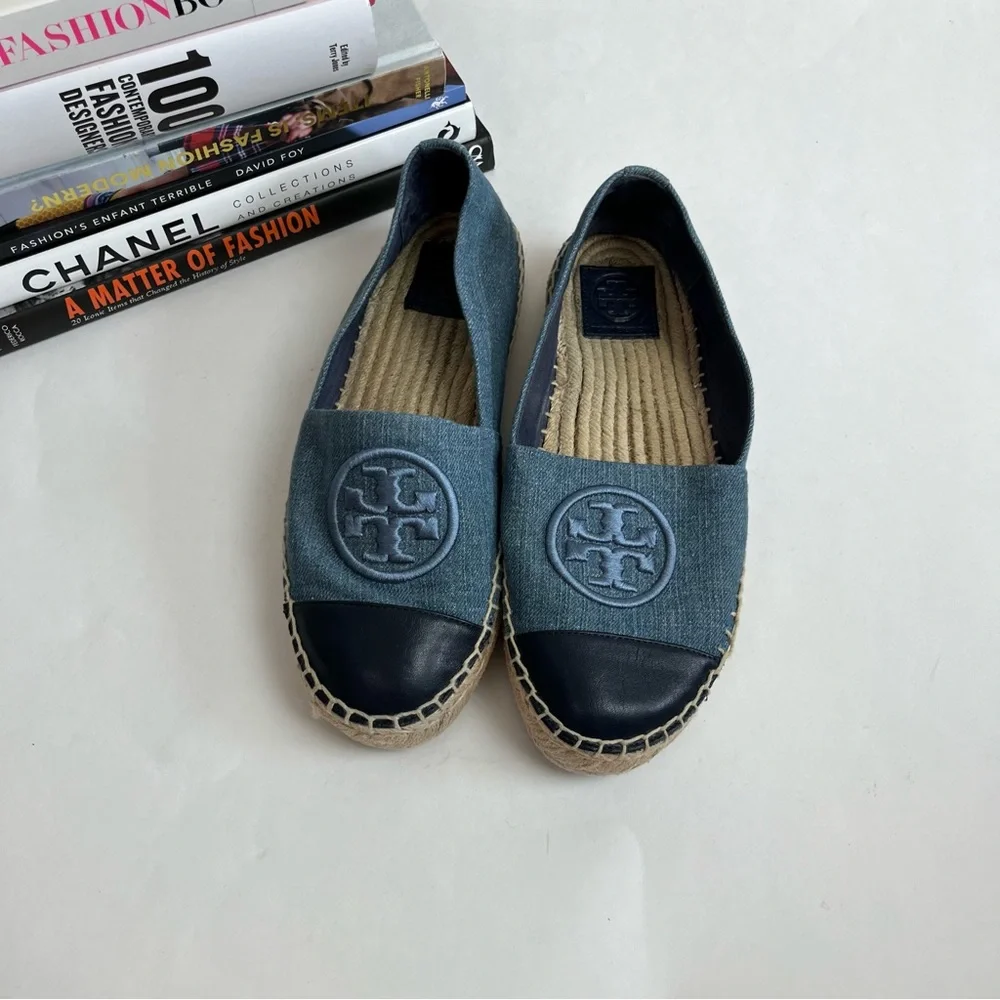 TORY BURCH Benton Slip On Platform Espadrille Flat Denim Navy Chambru